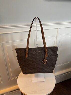 Michael Kors Brown Logo Tote with Gold MK Charm